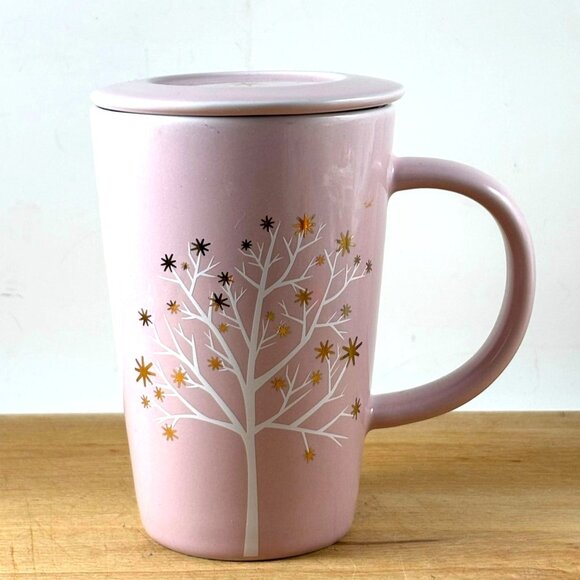 Davids Tea Pink Ceramic Tall Mug & Lid Pink Starry Tree - Picture 1 of 7